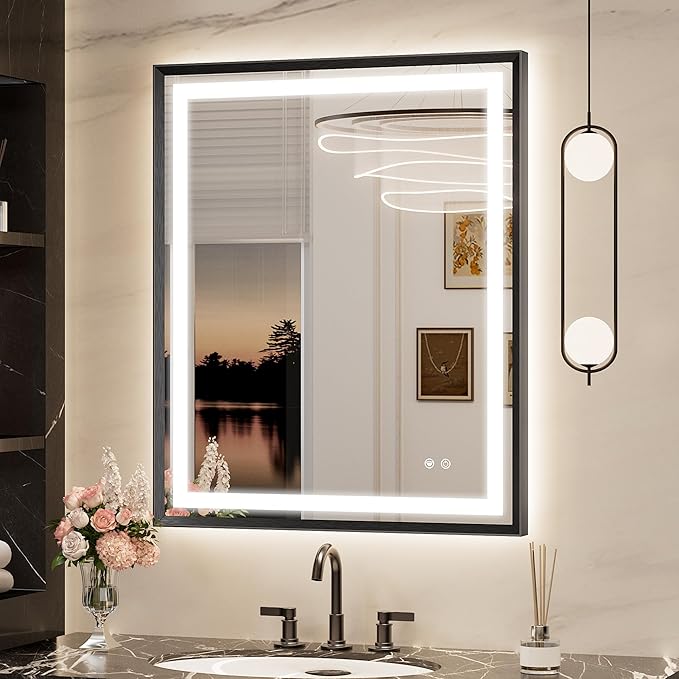 Keonjinn 30 x 36 Inch Black LED Mirror for Bathroom, Frontlit & Backlit Lighted Bathroom Vanity Mirror, HD Tempered Glass, Aluminium Alloy Beveled Frame, 3 Color Temperature, Dimmable, Defogging