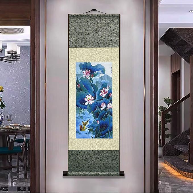 AtfArt Asian Wall Decor Beautiful Silk Scroll Painting Flowers - Lotus Chart Oriental Decor Chinese Art Wall Scroll Wall Hanging Painting Scroll (36.2 x 12 in)