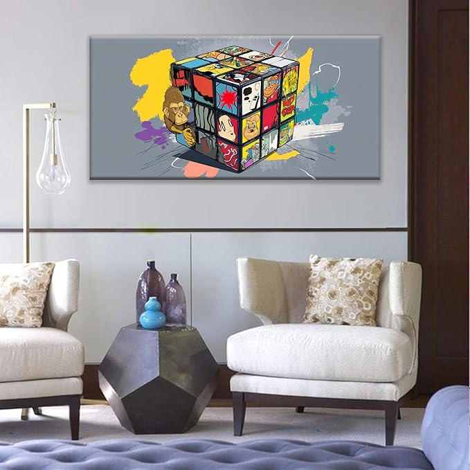 Abstract Wall Art For Living Room Artwork Graffiti Cube Canvas Art Wall Decor Modern Canvas Prints Pictures Colorful Wall Art For Home Hotel Artwork 24 X 48 Inch