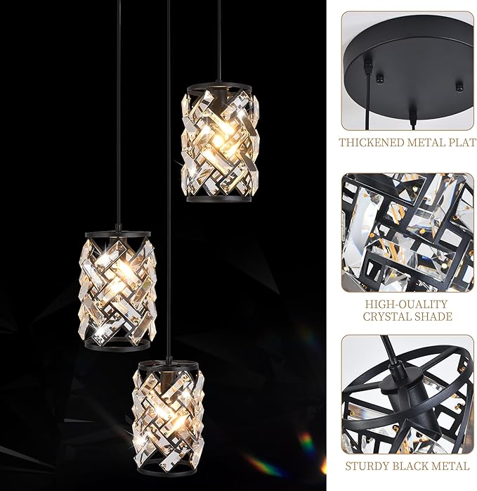 Black Crystal Pendant Light for Kitchen Island, Adjustable Hanging Chandelier with Ambient Lighting, 51 Inch Chain, E12 Base, Plated Modern Farmhouse Fixture for Dining Room, Bedroom, Living Room