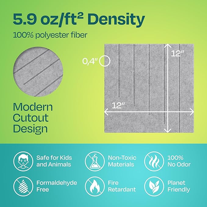 Acoustic Panels 12-Pack Soundproof Wall Panels 12"x12"x0.4" Decorative Sound Dampening for Your Home, Office, Studio, Bedroom & More with Unique LineWave Carving [Smoky White]