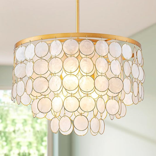 4-Lights Capiz Shell Chandelier, Coastal Design Pendant Light Fixture, for Kitchen, Dining Room, Bedroom, Gold Finish, D16.5 * H20~50 Inch Adjustable Height
