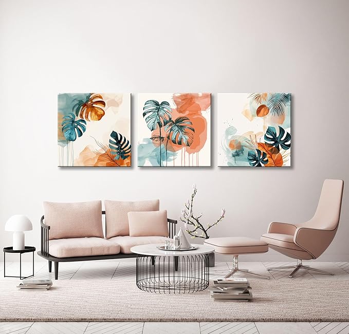 NAN Wind 3Pcs Abstract Tropical Leaves Canvas Art Modern Botanical Wall Decor Teal and Orange Leaf Minimalist Jungle Wall Art Framed Contemporary Nature-Inspired Print for Living Room or Bedroom