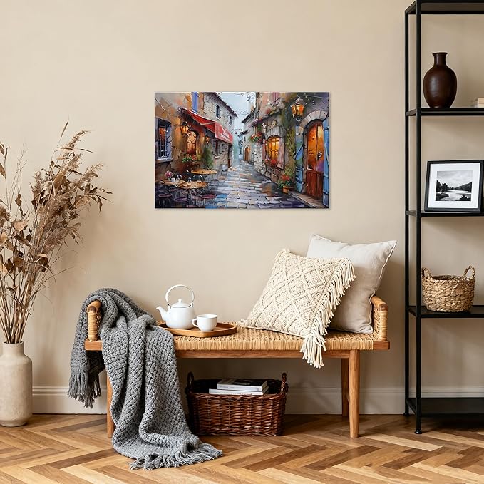 Modern Framed Street View Wall Art European Coffee Shop Canvas Print, Contemporary City Scene Painting, Vintage Cafe Artwork for Kitchen Dining Room Living Room, Bedroom Home Decor, Multi Size (Street 01, 24L"×16W")