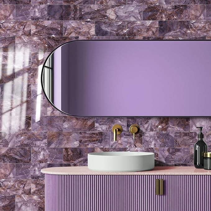 16-Pack Peel and Stick Marble Wall Tiles, Waterproof 4" x 8" Glossy Imitation Fantasy Purple Marble, PVC Shower Wall Panels for Kitchen, Bathroom & Fireplace