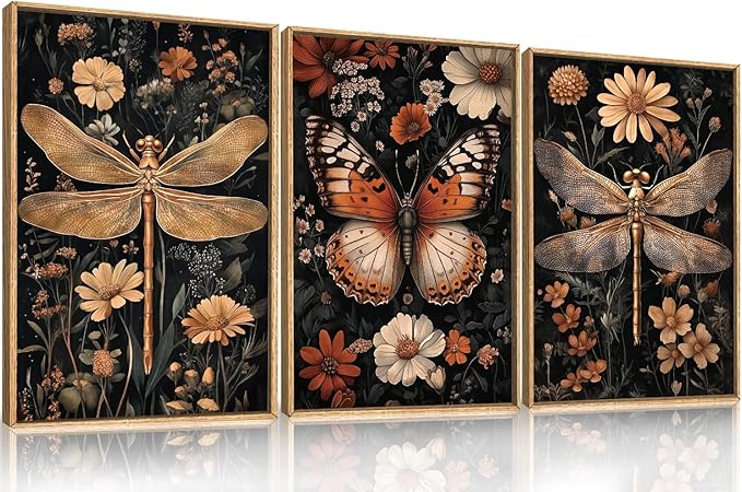 Large Vintage Butterfly and Dragonfly Wall Decor Framed Canvas Wall Art,Retro Blossom Leaf Wall Decor,Dark Insect Plant Artwork,Moody Animal Floral Art Print for Living Room,Bedroom- 16"x24"x3