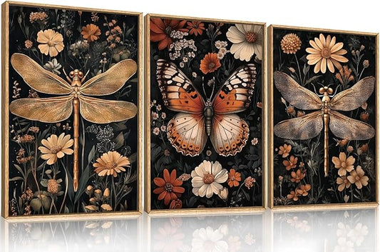 Large Vintage Butterfly and Dragonfly Wall Decor Framed Canvas Wall Art,Retro Blossom Leaf Wall Decor,Dark Insect Plant Artwork,Moody Animal Floral Art Print for Living Room,Bedroom- 16"x24"x3