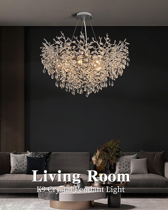 Modern Crystal Chandelier for Dining Room, 39.5" Chrome Tree Branch Chandeliers, 12-Light Luxury K9 Crystal Round Chandeliers for Kitchen Island Living Room