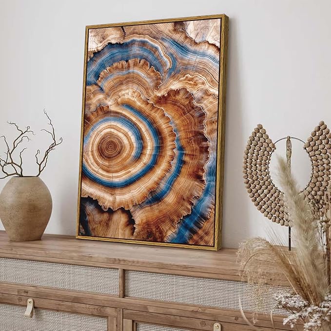 BingruiArt Framed Tree Ring Canvas Wall Art Abstract Wood Wall Decor Boho Modern Colorful Nature Painting Wood Stump Prints Pictures for Living Room Bedroom Bathroom Office 16"x24" Natural Framed(10)