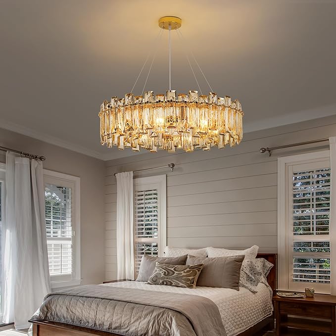 Modern Luxury K9 Crystal Chandelier 10-Lights Gold Round Pendant Light Easy Install Ceiling Hanging Light Fixture for Dining Living Room Kitchen Island Entryway Foyer D31.5