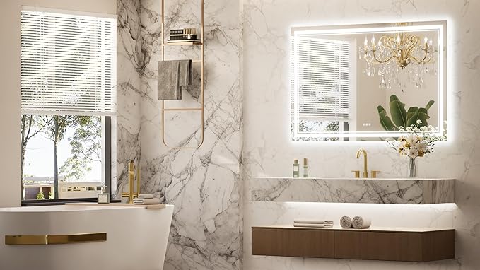 Keonjinn Bathroom LED Mirror 55" x 36" Front and Back Lights, Tempered Glass Stepless 3 Colors Temperature & Dimmable Large Wall Mirror, UL Listed LED Driver, Double Lighted Anti-Fog LED Vanity Mirror
