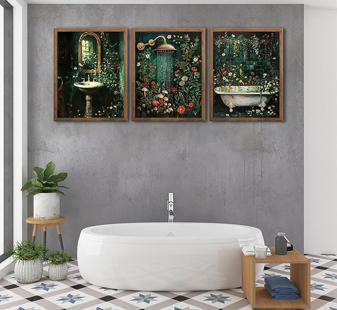 3pcs Green Botanical Bathroom Canvas Wall Art Washbasin Shower Baths Floral Poster Print Paintings Rural Dark Green Wildflowers Bathroom Picture Wall Decor for Laundry Room Bathroom Home Decoration