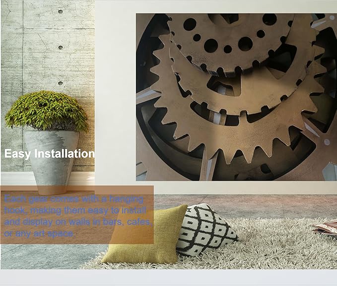 6 Piece Extra Large Vintage Wooden Gears Wooden Gears Wheels with Rustic Metal Look - Industrial Style Wall Decor Set for Home, Bar, Cafe, and DIY Crafts