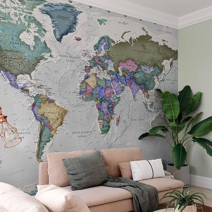 artgeist Wall Mural World Map 118x83 in - XXL Non-Woven Wallpaper Fleece Wall Decor Photo Print Picture Image Design Home Map of The World k-A-0380-a-a