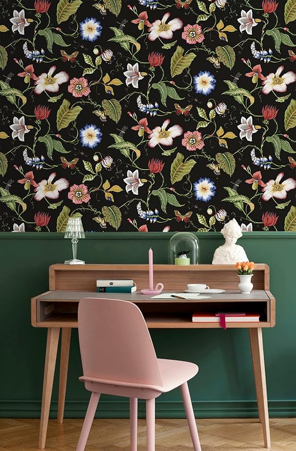 NextWall Summer Garden Floral Peel and Stick Wallpaper (Jet Black)