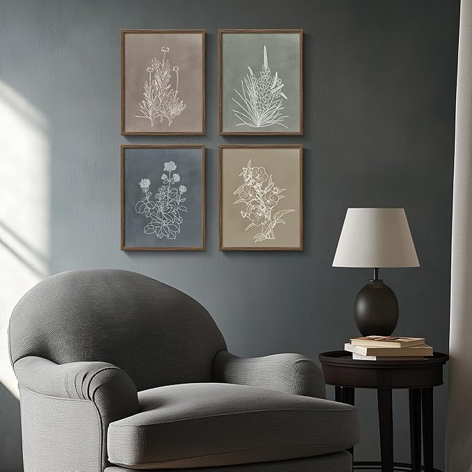 Boho Framed Botanical Wall Art for Bathroom Decor, 4 Piece Rustic Floral Canvas Painting Prints Artwork for Walls, Vintage Neutral Flower Pictures for Farmhouse Bedroom Dining Room Kitchen, 8x10 Inch