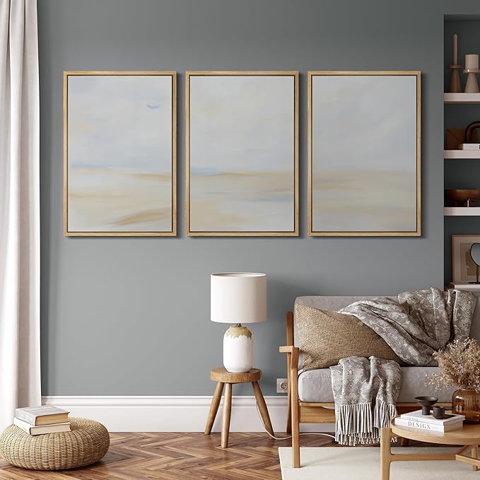 MUDECOR Framed Wall Art Print Set Minimalist Coastal Horizon in Soft Blue and Sand Colors Illustrations Modern Art Boho Decorative Chic for Living Room, Bedroom, Office - 24"x36"x3 Natural
