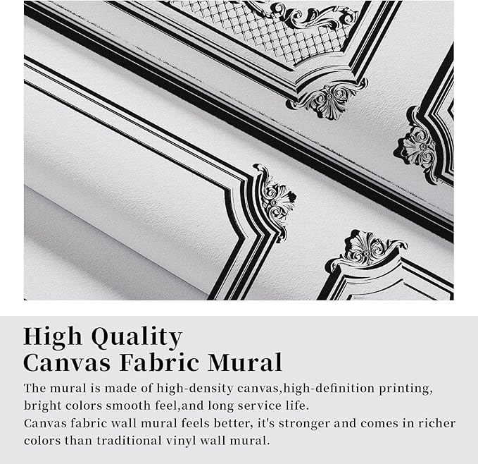 Large 3D Peel and Stick French Wallpaper Mural 148" W x 98" H Classic Black and White Interior Wall with Mouldings Mural Vintage Architectural Wallpaper for Bedroom TV Background Living Room