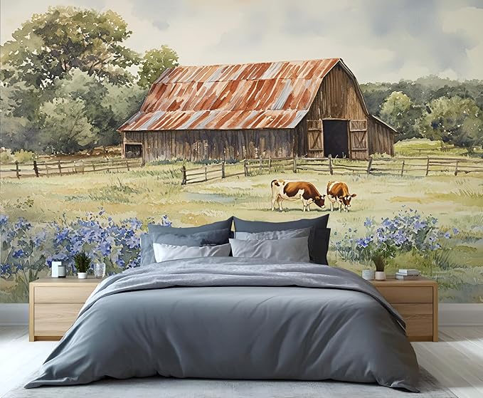 Oak Grove Mural Wallpaper, Vintage Farm Murals, Modern Watercolor Wall Art Murals Wallpaper for Living Room Bedroom Home Decor Mural - 137.8" W x 129" H (Not Peel Stick)
