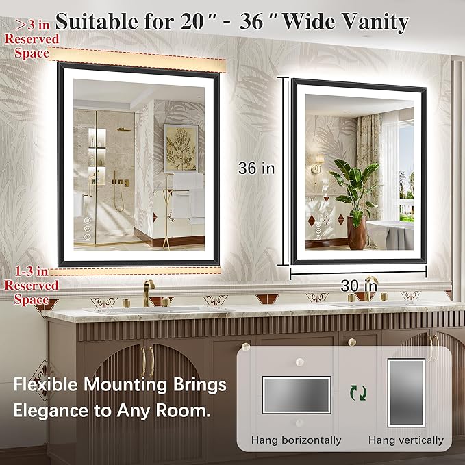 30x36 Black Framed Led Bathroom Mirror with Lights, Front Lit and Backlit, Lighted Vanity Mirror for Bathroom Wall, Anti-Fog, Dimmable, 3 Colors, Memory, HD Tempered Glass