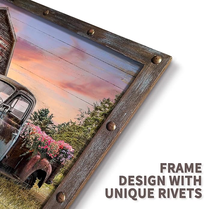 Country Barn Wooden Wall Art: Large Rural Old Car Landscape Framed Artwork Farmhouse Blue Truck Picture Large Rustic Countryside Scenery Office Painting Print for Living Room Bedroom