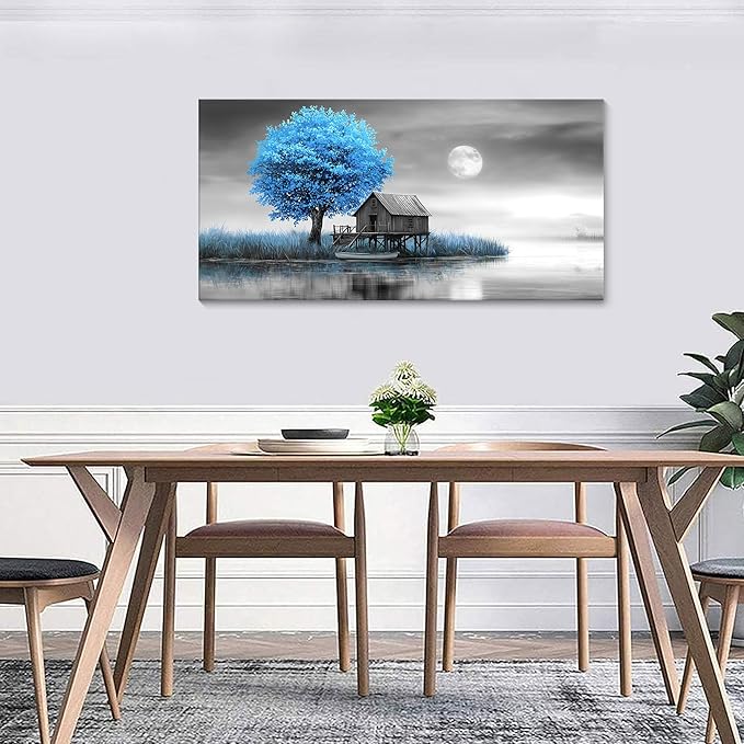 JEAWA Landscape Canvas Wall Art Decor - Blue Gray Wall Art for Bathroom Bedroom Study Dining Room, Winter Wall Art Canvas Paintings, Moon Pictures Wall Decor, Tree Art Wall Decor, 20x40 IN