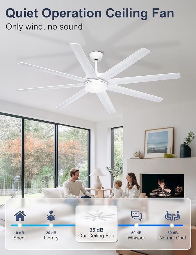 72 Inch Large Ceiling Fans with Lights, 8 Blades White Ceiling Fan Remote/APP Control, Dimmable, Reversible Big Ceiling Fan for Indoor/Covered Outdoor
