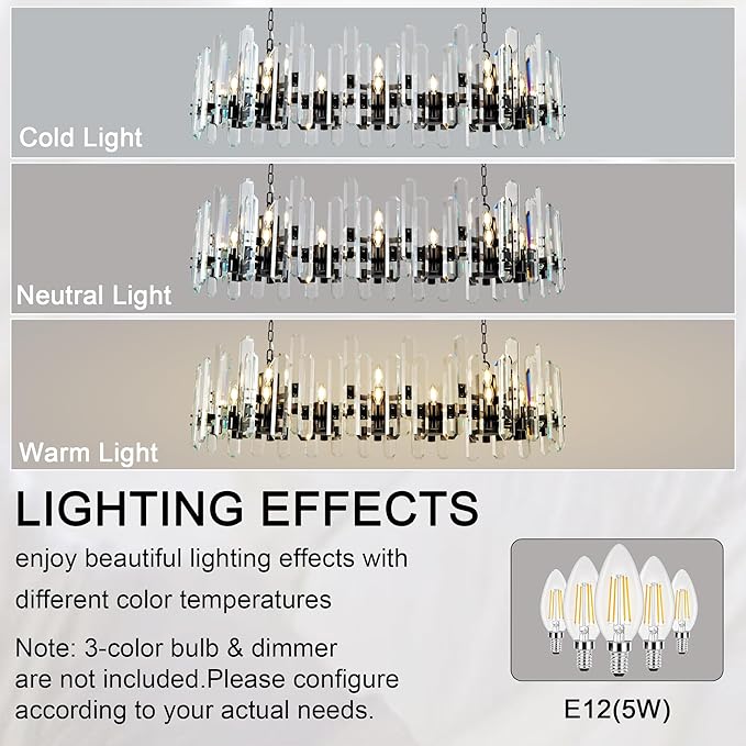 54" Black Chandelier, 24-Light Modern Rectangular Crystal Chandelier for Dining Room, Kitchen Island, Living Room, Bedroom, Foyer, Contemporary Adjustable Chain Chandeliers, Luxury K9 Light Fixture