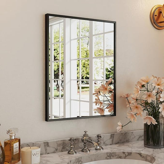 Bathroom Vanity Mirror for Over Sink Wall, Rectangle Farmhouse Mirror with Matte Black Metal Framed and HD Tempered Glass, Modern Square Mirror Hangs Horizontally or Vertically