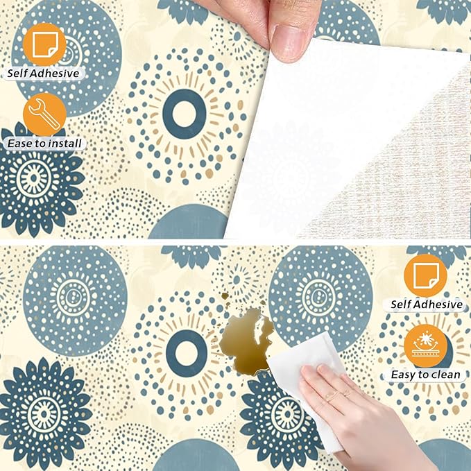 Nuxovilar Beige Blue Floral Medallion Textured Peel and Stick Wallpaper, 15.75"x39.37", Self-Adhesive Contact Paper, Vintage Tile Pattern for Bedroom, Living Room and Table Decor