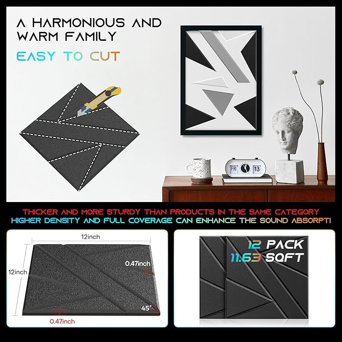 12 Pack Self-Adhesive Soundproof Wall Panels, 12 x 12 x 0.47 in Sound Proof Foam Panels for Walls, 1.2lb/ft³ High Density, Thicker 0.47in, Acoustic Panels, Noise Dampening Panels Studio Black