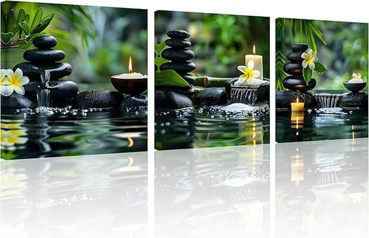 TutuBeer 3 Panels Zen Wall Art Zen Pictures for Bathroom Spa Stone Green Bamboo White Frangipani Flower Pictures Print on Canvas for Home Office Kitchen Wall Decor Stretched and Framed 12x12inchx3