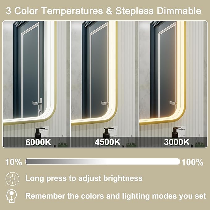 48x36 Inch Gold LED Bathroom Mirror with Lights, 3000K/4500K/6000K, Wall Mounted Lighted Vanity Mirrors for Bathroom, Memory Funtion, Stepless Dimmable, Anti-Fog, Horizontal/Vertical