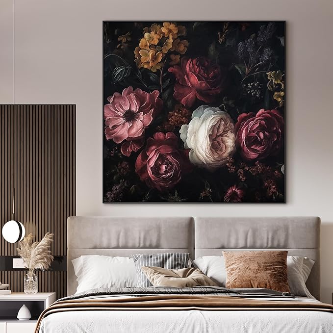 60"x60" XL Framed Wall Art - Vintage Dark Floral Romantic (Frame Assembly Required)