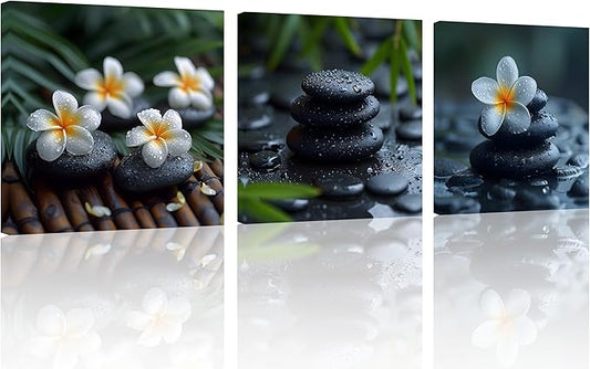 TutuBeer 3 Panels Zen Canvas Wall Art Spa Artwork for Walls Still Life Spa Stone Bamboo with White Frangipani Flower Pictures Print on Canvas for Home Office Wall Decor Stretched and Framed 16x16inch