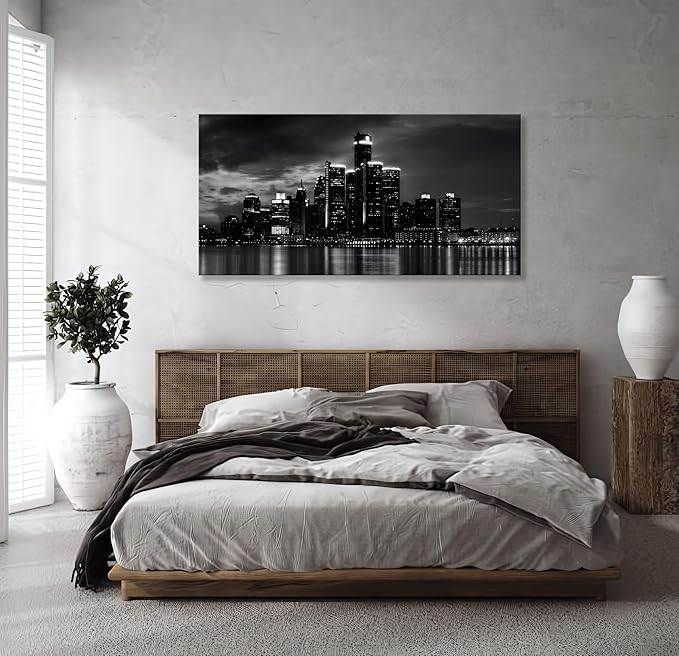 NAN Wind Detroit Skyline Canvas Wall Art Cityscape Night Scene Black & White City Art Print on Canvas Modern Giclee Framed Painting for Room Decor Home Decor Detroit Skyline Picture Prints