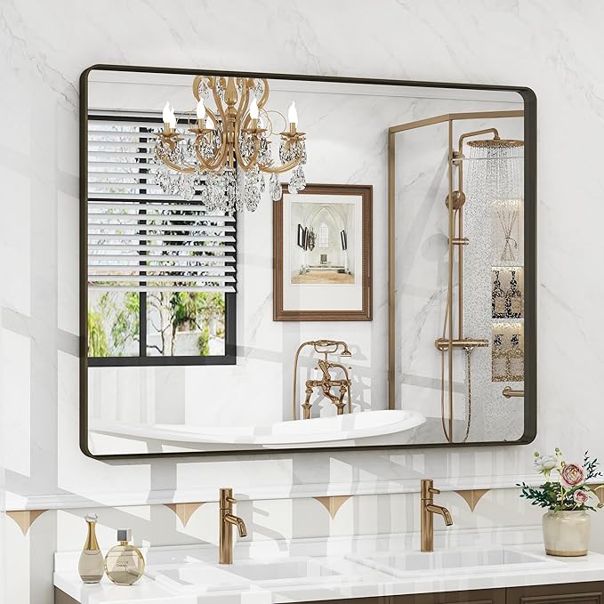 40x30 Bronze Framed Bathroom Mirror, Brushed Bronze Metal Vanity Mirror, Bronze Rectangle Mirror for Wall, Rounded Corner, Tempered Glass, Anti-Rust, Shatterproof (Horizontal/Vertical)