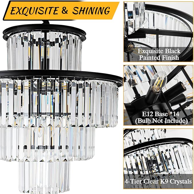 23" 14-Light Modern Crystal Chandelier Light Fixtures 4-Tier Black Luxury Chandeliers for Dining Room Round Hanging Pendant Lighting for Living Room Kitchen Entryway Bedroom Foyer Hallway