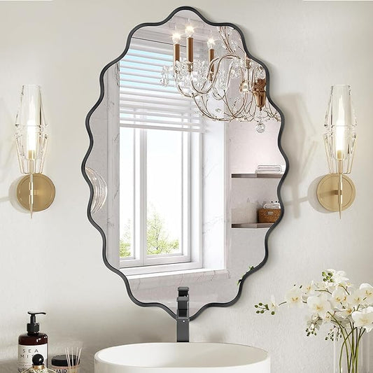 Oval Wavy Mirror - Irregular Wall Mirror 22"x30" Black Asymmetrical Aviation Aluminum Alloy Frame for Bathroom, Bedroom, Living Room, Cloakroom, Entryway