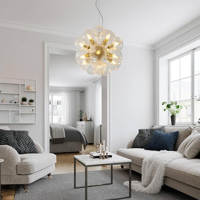Modern Nickel Glass Bubble Chandelier: 18.5" Nordic Swirled Glass Bubble Light Chandelier - Globe Ball Dining Room Light Fixture Chandeliers for Entryway Foyer Bedroom Bathroom Kitchen Living Room