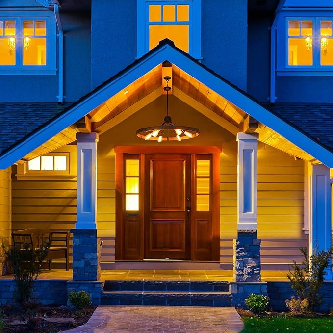 31.5'' Farmhouse Chandeliers for Dining Room, Rustic Wagon Wheel Chandelier for Entryway, Sputnik Light Fixture for Breakfast Area Stairwell Bedroom Foyer, Vintage Rust and Black Finishe