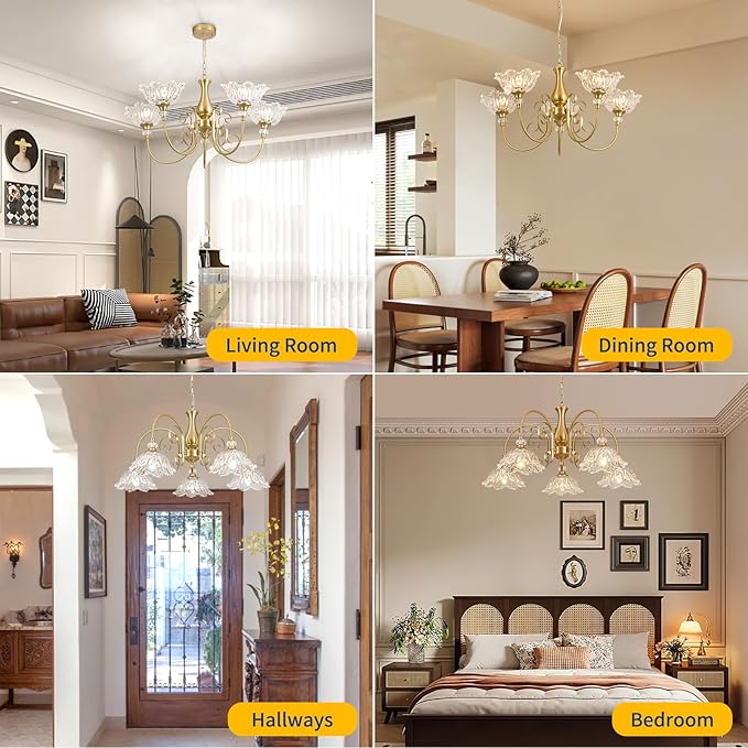 5-Light Vintage Chandeliers in Matte Brass Finish with Crystal Glass Shades, Retro Chandelier Light for Dining Room,Hallway,Kitchen