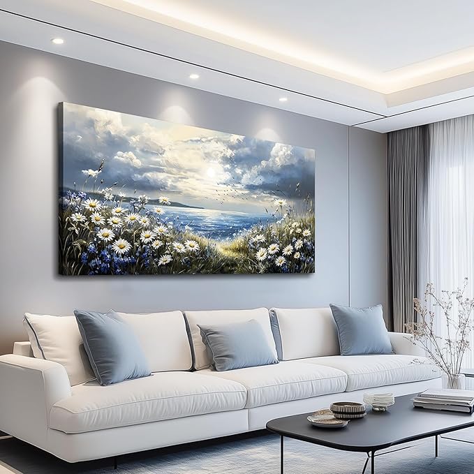 KELIYUAN Large Wall Decor Canvas Painting Wall Art For Bedroom Living Room Decoration Blue Mediterranean Garden Landscape Painting Art Print Picture Room For office Room Bathroom Home Decor 30x60In