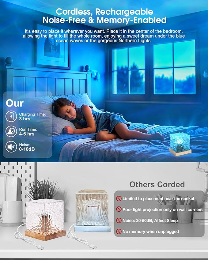 Ocean Wave Projector Light, Cordless Rechargeable,16 Colors 4 Modes Water Ripple Lamp with Touch & Remote Control for Bedroom, Northern Lights Cube Night Light for Room Decor and Mood Lighting