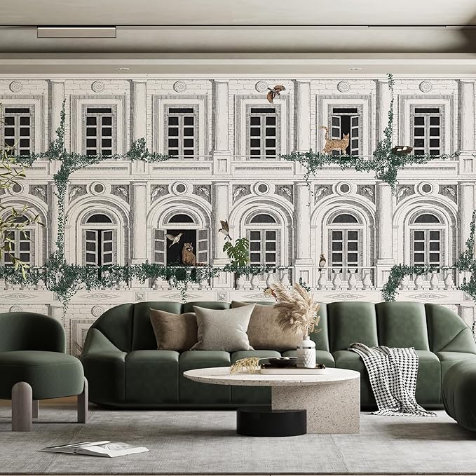 Large 3D Vintage Wall Murals Peel and Stick 148" W x 98" H Black White French Street Wall Mural Building Wallpaper with Animal Birds Canvas Nursery Paper for Living Room Background Bedroom Office