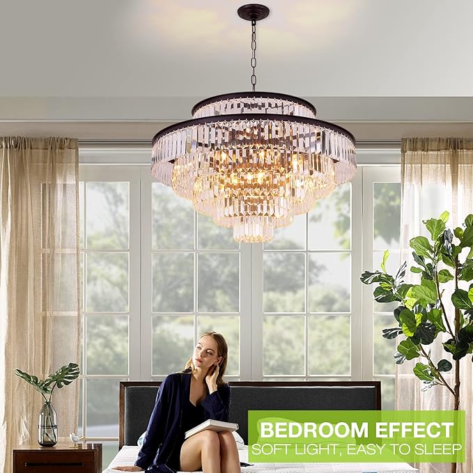 31" Black Crystal Chandelier, Modern 6-Tier Ceiling Light with Clear Crystal Prisms, Luxury Pendant Lighting for Dining Room Entryway