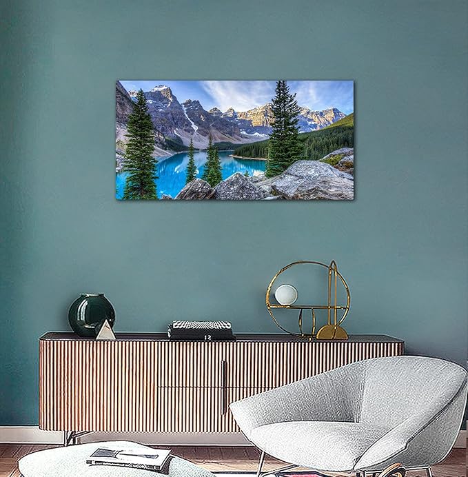 Canvas Wall Art Mountain Canvas Pictures Large Nature Artwork Moraine Lake Glacially Fed Lake National Park Contemporary Wall Art for Bedroom Living Room Home Office Kitchen Wall Decor 24" x 48
