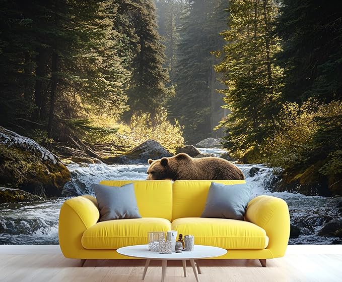 Brown Bear Mural Wallpaper, Forest Bear Murals, Natural Landscape Murals, Wallpaper for Living Room Bedroom Boy Girl Room Home Decor Mural (Not Peel Stick)