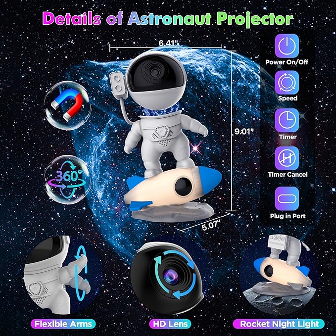 Astronaut Galaxy Projector Light for Bedroom, 12-in-1 HD Nebula Northern Lights Projector with 360° Rotating Projection, Fixed Rocket Night Light with Timer, Gift for Boys Girls Kids
