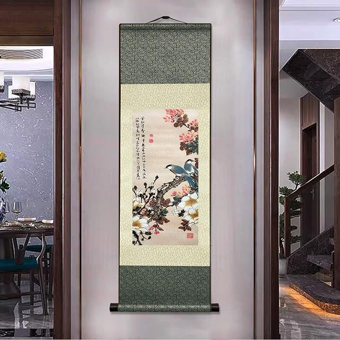 AtfArt Asian Wall Decor Beautiful Silk Scroll Painting Flowers and Birds Oriental Decor Chinese Art Wall Scroll Wall Hanging Painting Scroll (36.2 x 12 in)